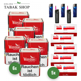Winston Zigaretten Tabak Premium Red S (6 x 75g) + 1.000 Winston Hülsen + 3 Feuerzeuge + 2 Sturmfeuerzeuge - 125,95 €