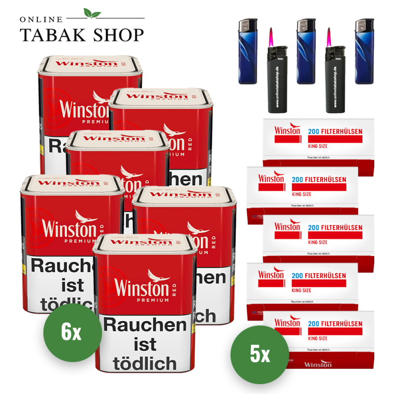 Winston Zigaretten Tabak Premium Red S (6 x 70g) + 1.000 Winston Hülsen + 3 Feuerzeuge + 2 Sturmfeuerzeuge