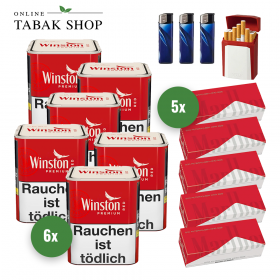 Winston Zigaretten Tabak Premium Red S (6 x 75g) + 1.000 Marlboro Red Hülsen + 3 Feuerzeuge + 1 Gizeh Etui - 126,40 €