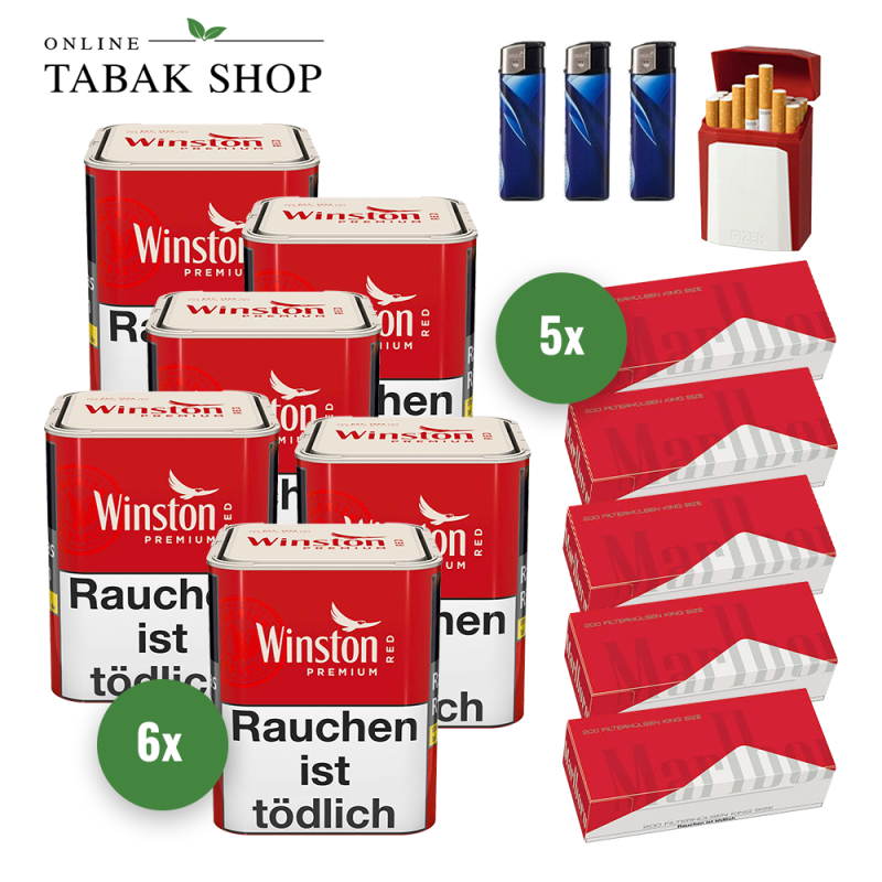 Winston Zigaretten Tabak Premium Red S (6 x 70g) + 1.000 Marlboro Red Hülsen + 3 Feuerzeuge + 1 Gizeh Etui