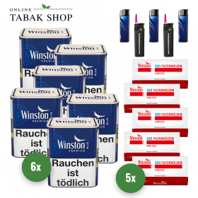 6 x Winston Blau Zigaretten Tabak 75g, 1000 Winston Hülsen, 3 Feuerzeuge, 2 Sturmfeuerzeuge - 123,20 €