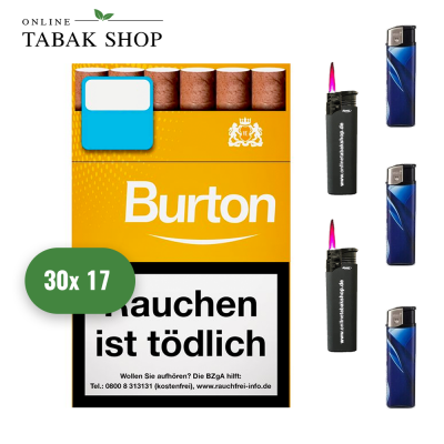 BURTON Gold (Vanille) Filterzigarillos (30 x 17er) + 3 Feuerzeuge + 2 Sturmfeuerzeuge