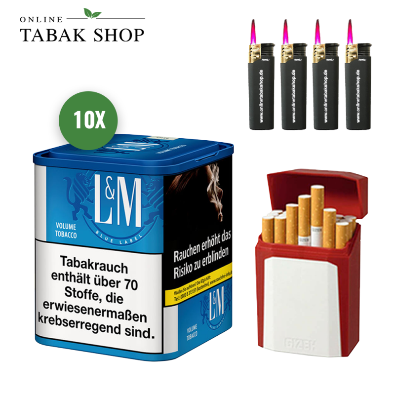 10x L&M Tabak Blau M 41g Dose + 4 Sturmfeuerzeuge + 1 GIZEH Flip Case (Etui)