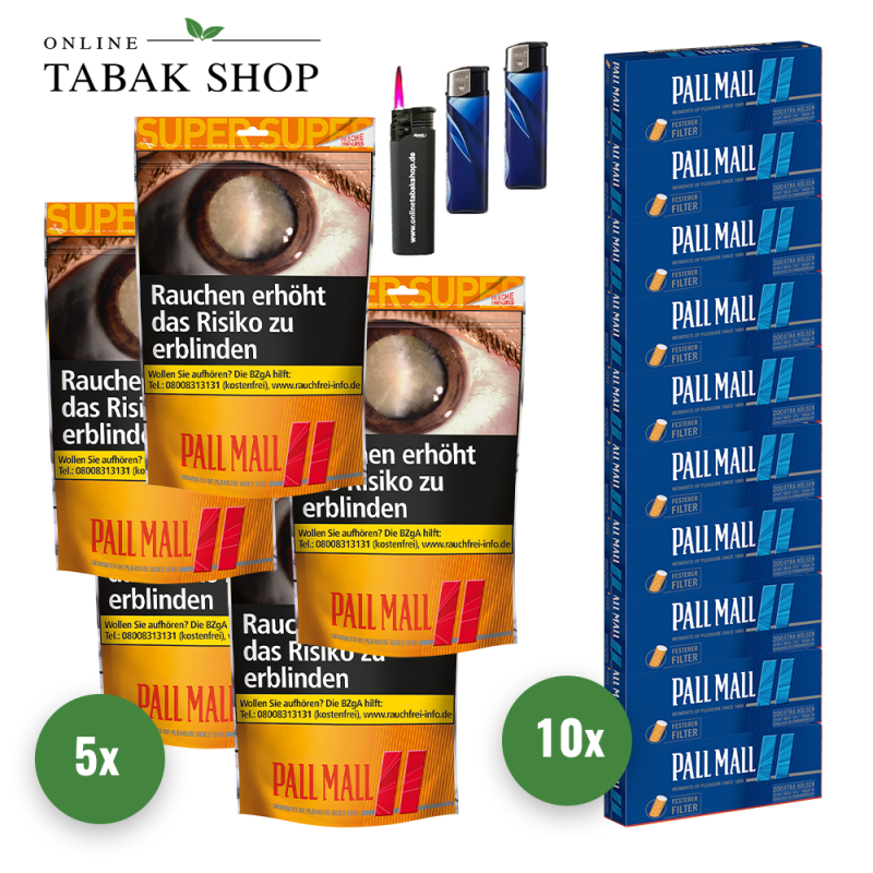 Pall Mall Allround Tabak Super (5 x 145g) + 2.000 Pall Mall Blue Xtra Hülsen + 1 Sturmfeuerzeug + 2 Feuerzeuge