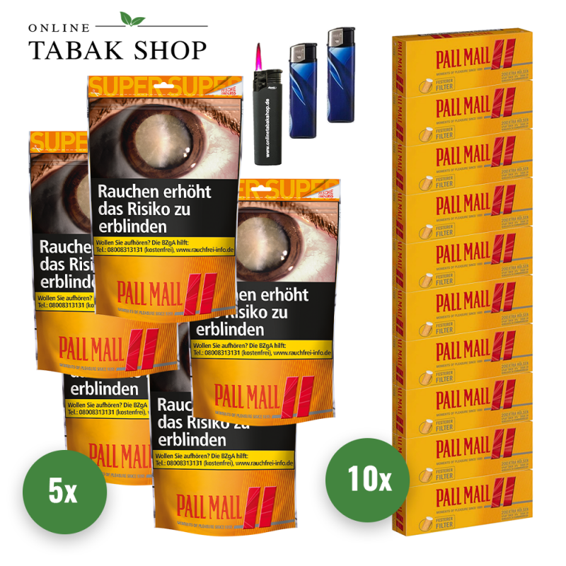 Pall Mall Allround Tabak Super (5 x 145g) + 2.000 Pall Mall Allround Red Xtra Hülsen + 1 Sturmfeuerzeug + 2 Feuerzeuge