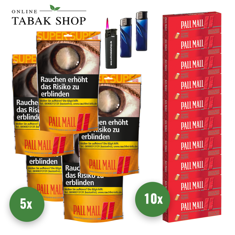 Pall Mall Allround Tabak Super (5 x 145g) + 2.000 Pall Mall Red Xtra Hülsen + 1 Sturmfeuerzeug + 2 Feuerzeuge