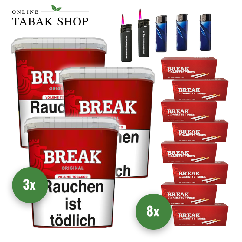 3x BREAK Tabak Rot 185g Eimer + 1600 BREAK Hülsen + 3 Feuerzeuge + 2 Sturmfeuerzeuge