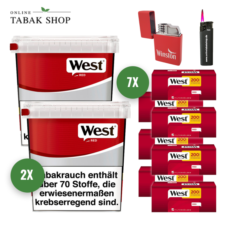 West Rot/Red Volumen Tabak (2 x 190g) + 1400 West Red Hülsen + 1 Sturmfeuerzeug + 1 Winston Feuerzeug