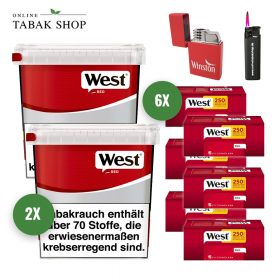 West Rot/Red Volumen Tabak (2 x 205g) + 1500 West Red Special Hülsen  + 1 Sturmfeuerzeug + 1 Winston Feuerzeug - 102,00 €