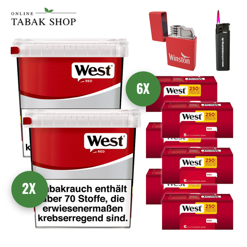 West Rot/Red Volumen Tabak (2 x 190g) + 1500 West Red Special Hülsen  + 1 Sturmfeuerzeug + 1 Winston Feuerzeug