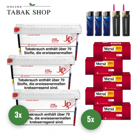 JPS Rot XL Volumen Tabak Mega Box (3 x 120g) + 1.000 West Red Hülsen + 3 Feuerzeuge + 2 Sturmfeuerzeuge - 96,00 €