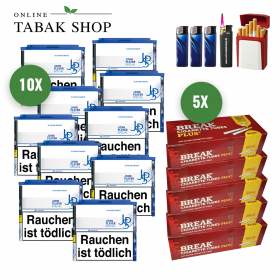 JPS BLUE / BLAU XL Volumentabak (10 x 38g) + 1.000 Break PLUS Hülsen + 1 Sturmfeuerzeug + 3 Feuerzeuge + 1 GIZEH Etui - 136,55 €