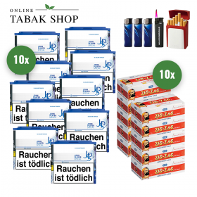 JPS Blue XL Volumentabak (10 x 36g) + 1.000 Zig Zag Mini Hülsen + 1 Sturmfeuerzeug + 3 Feuerzeuge + 1 Gizeh Etui