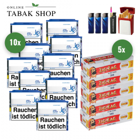 JPS Blue XL Volumentabak (10 x 36g) + 1.000 Zig Zag Extra Hülsen + 1 Sturmfeuerzeug + 3 Feuerzeuge + 1 Gizeh Etui