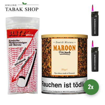 Danish Mixture Maroon Pfeifentabak (2 x 200g) + 80 BLITZ Pfeifenreiniger + 2 Sturmfeuerzeuge