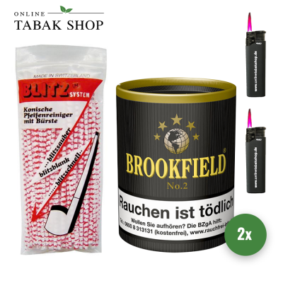 Brookfield No.2 Pfeifentabak (2x 200g) + 80 BLITZ Pfeifenreiniger + 2 Sturmfeuerzeuge