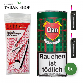 Clan Original Pfeifentabak (5 x 50g) + 80 Blitz Pfeifenreiniger + 2 Sturmfeuerzeuge