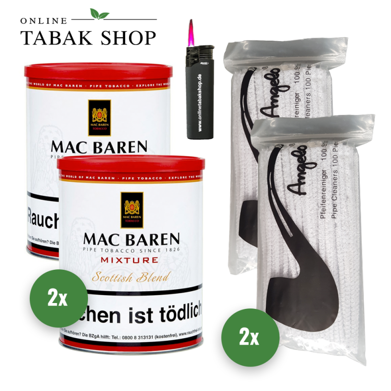 Mac Baren Mixture Scottish Blend (2x 250g) + 200 Pfeifenreiniger , 1 Sturmfeuerzeug