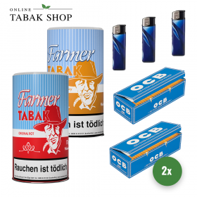 Farmer ORANGE Tabak (1x 160g) + Farmer ROT Tabak (1x 160g) + 400 OCB-Hülsen + 3 Feuerzeuge - 28,55 €