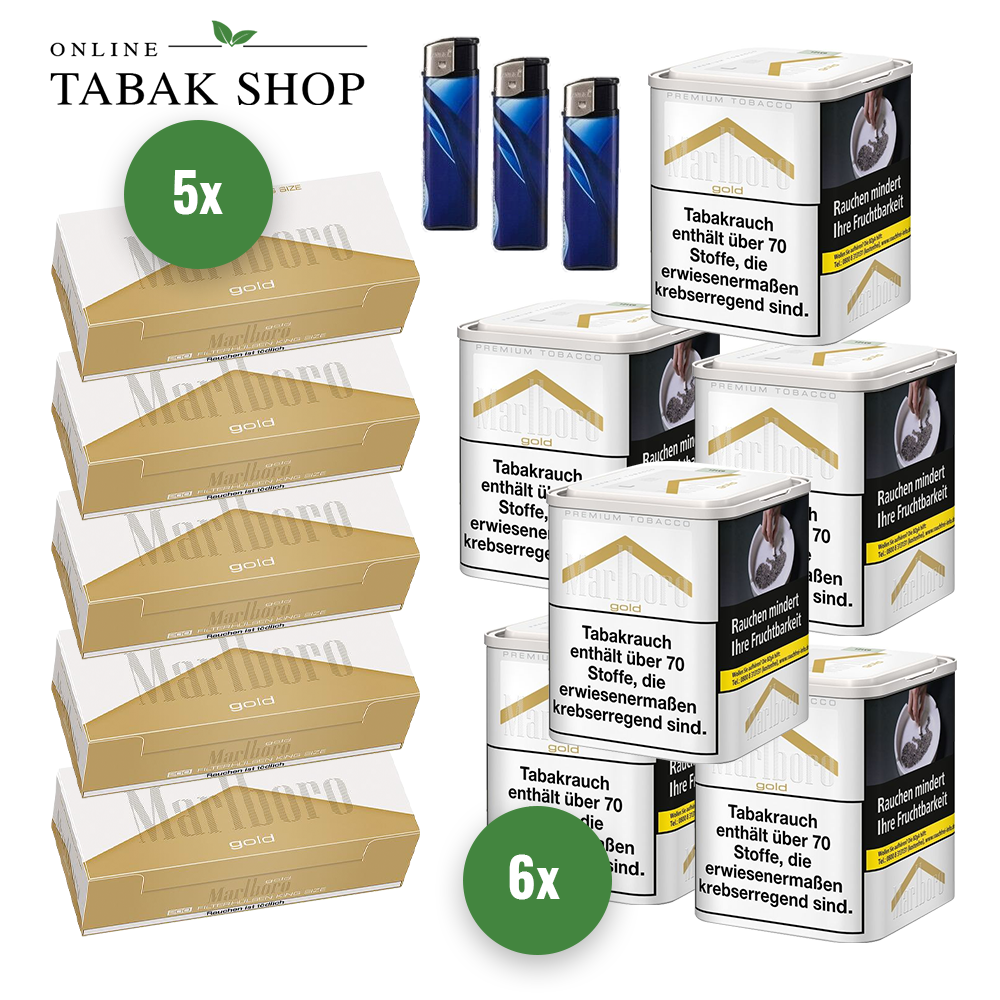 Marlboro Gold Tabak + Hülsen + Feuerzeuge kaufen » Online Tabak Shop