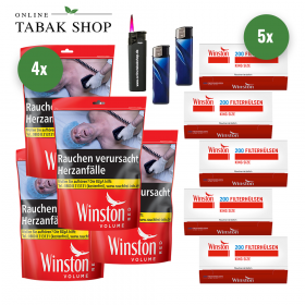 Winston Volumen-Tabak Red XXL (4 x 113g) + 1.000 Winston Hülsen +  2 Feuerzeuge + 1 Sturmfeuerzeug - 122,95 €