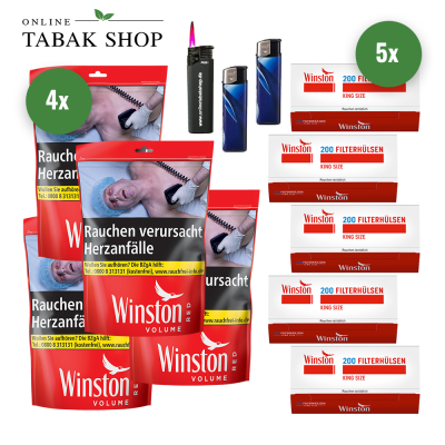 Winston Volumen-Tabak Red XXL (4 x 110g) + 1.000 Winston Hülsen +  2 Feuerzeuge + 1 Sturmfeuerzeug