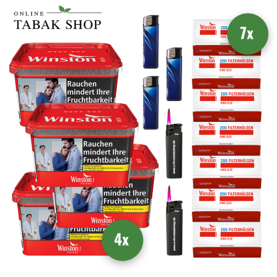 Winston Volumen Tabak Mega Box (4 x 125g) + 1.400 Winston Hülsen + 3 Feuerzeuge + 2 Sturmfeuerzeuge