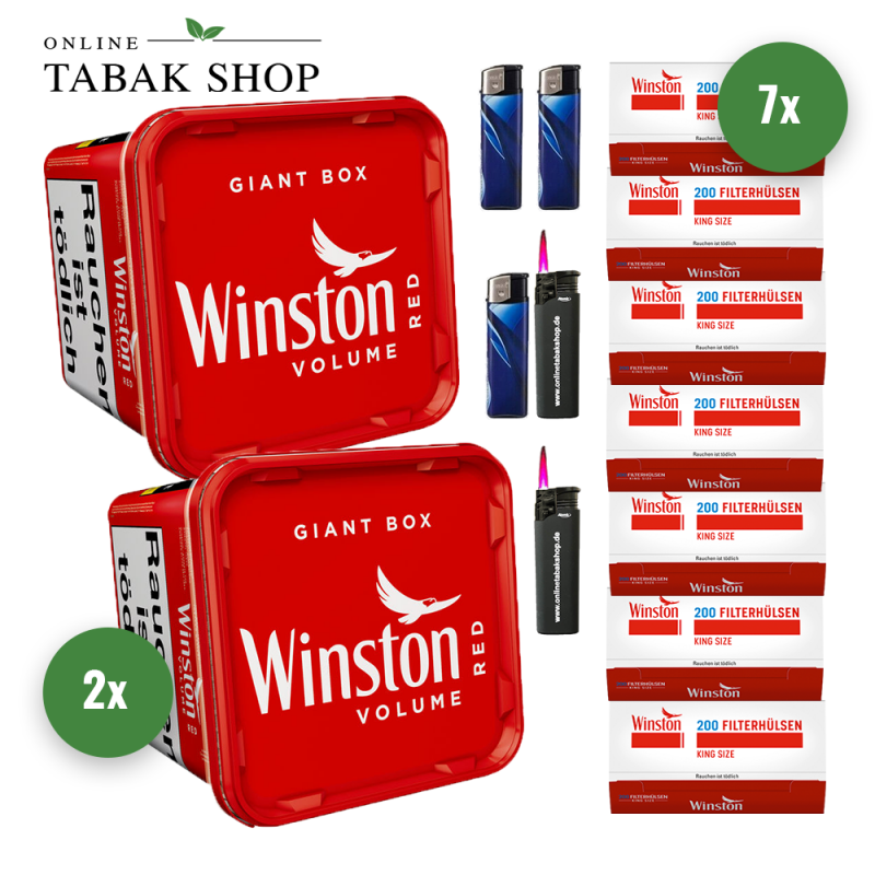 2x Winston Tabak Rot 155g Eimer + 1400 Winston Hülsen + 3 Feuerzeuge + 2 Sturmfeuerzeuge