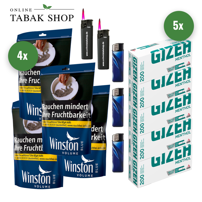 4x Winston Blau Tabak 95g Beutel + 1000 GIZEH Menthol Hülsen + 3 Feuerzeuge + 2 Sturmfeuerzeuge