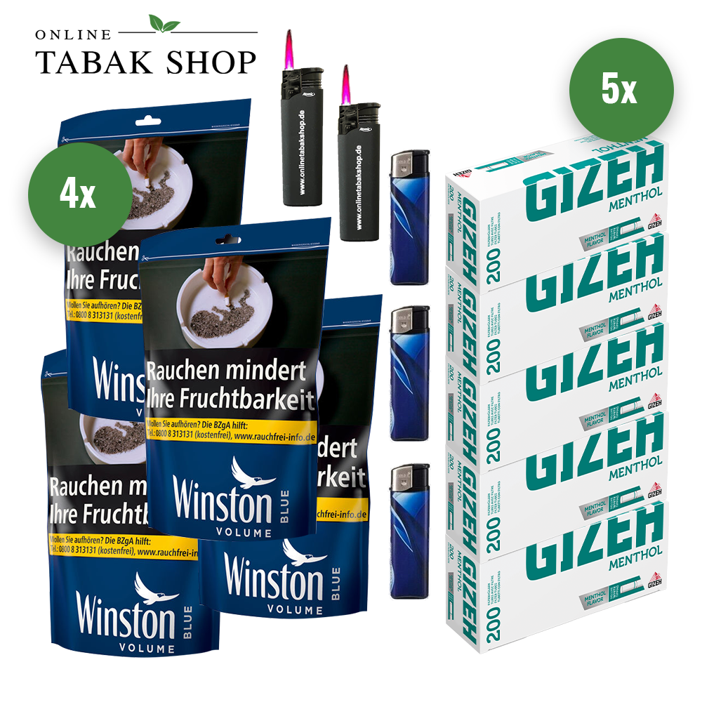 WINSTON Blue Tabak (4 x 113g) + GIZEH Menthol Hülsen ⇒ Online Tabak Shop