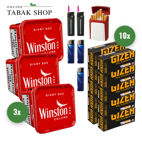 Winston Red Volumen Tabak (3x 245g), 2000 Gizeh Extra  Hülsen, 3 Feuerzeuge, 2 Sturmfeuerzeuge, 1 Gizeh Etui - 151,35 €