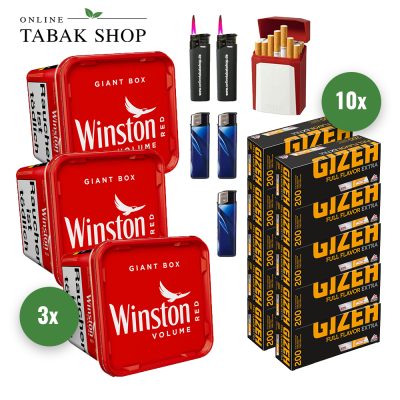 Winston Red Volumen Tabak (3x 220g), 2000 Gizeh Extra  Hülsen, 3 Feuerzeuge, 2 Sturmfeuerzeuge, 1 Gizeh Etui