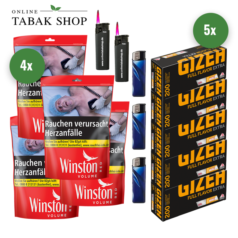 Winston Rot Tabak (4 x 110g) + 1.000 Gizeh Full Flavor Extra Hülsen + 3 Feuerzeuge + 2 Sturmfeuerzeuge