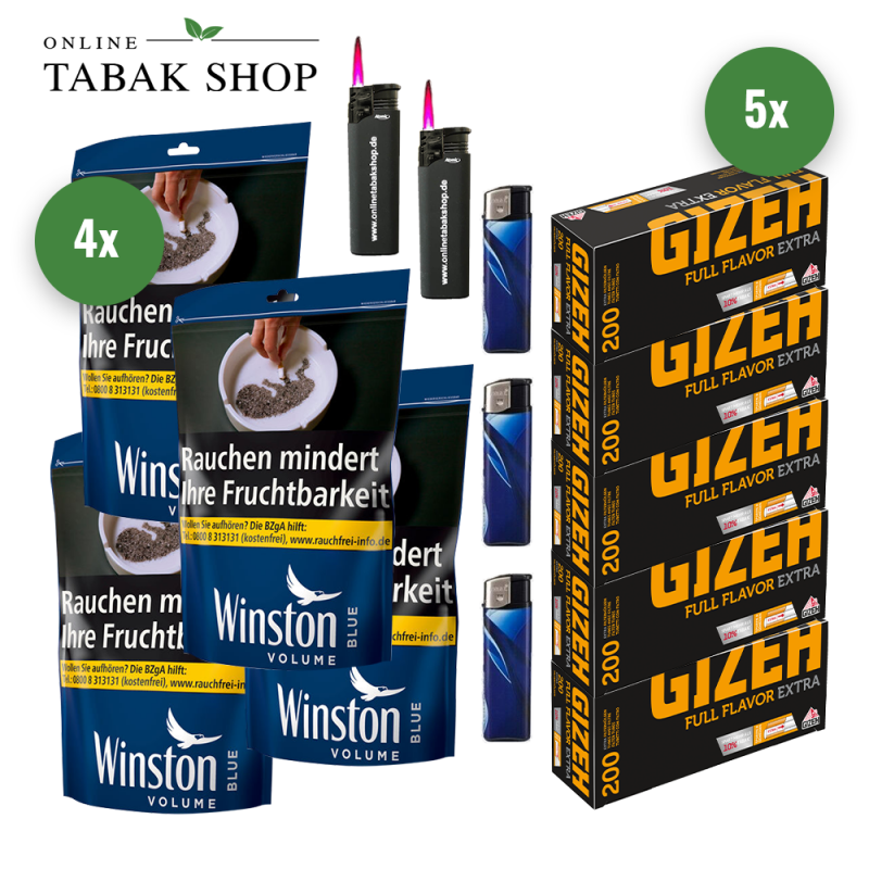 4x Winston Blau Tabak 95g Beutel + 1000 GIZEH Full Flavor Extra Hülsen + 3 Feuerzeuge + 2 Sturmfeuerzeuge