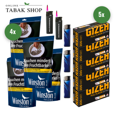 WINSTON Blue Volumentabak (4 x 100g) + 1.000 GIZEH Full Flavor EXTRA Hülsen + 3 Feuerzeuge + 2 Sturmfeuerzeuge