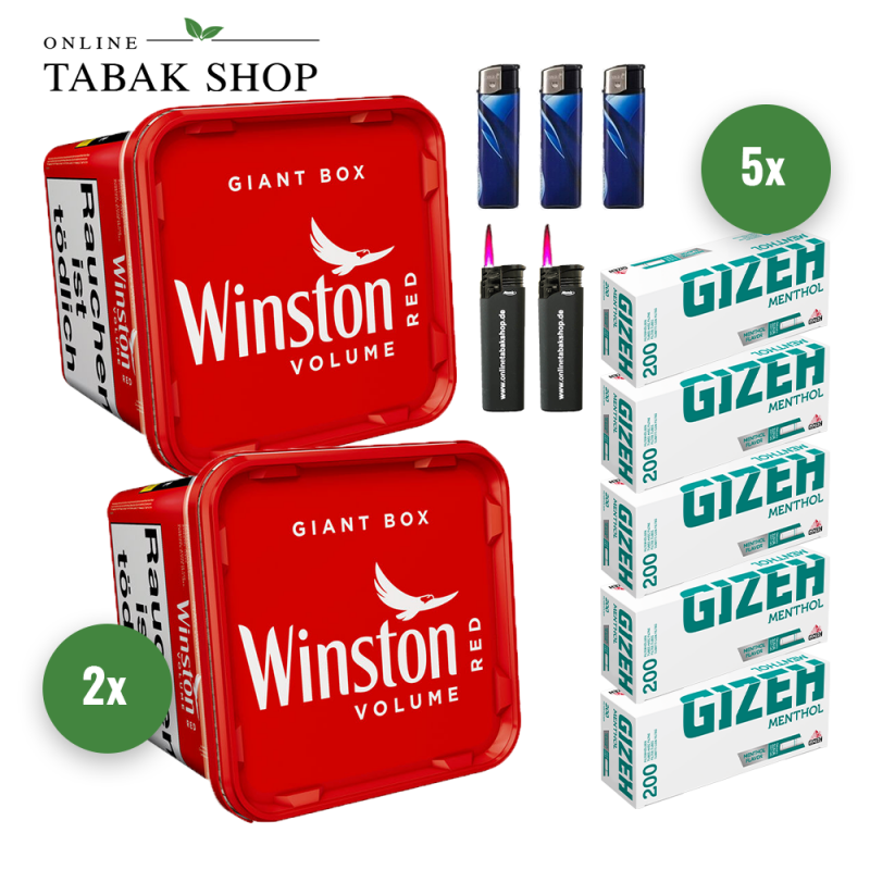 2x Winston Tabak Rot 155g Eimer + 1000 GIZEH Menthol Hülsen + 3 Feuerzeuge + 2 Sturmfeuerzeuge