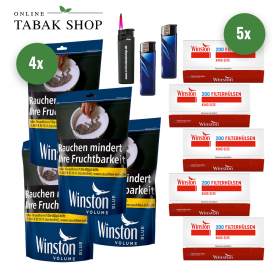 4x Winston Blau Tabak Beutel XL 95g + 1000 Winston Hülsen + 2 Feuerzeuge + 1 Sturmfeuerzeuge