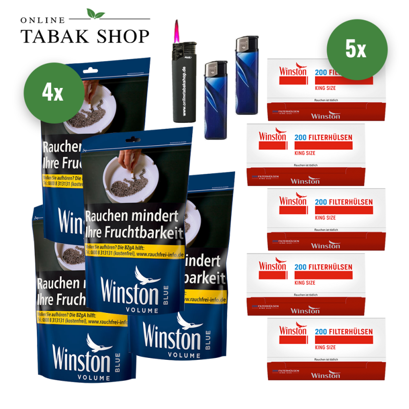 4x Winston Blau Tabak 95g Beutel + 1000 Winston Hülsen + 2 Feuerzeuge + 1 Sturmfeuerzeuge