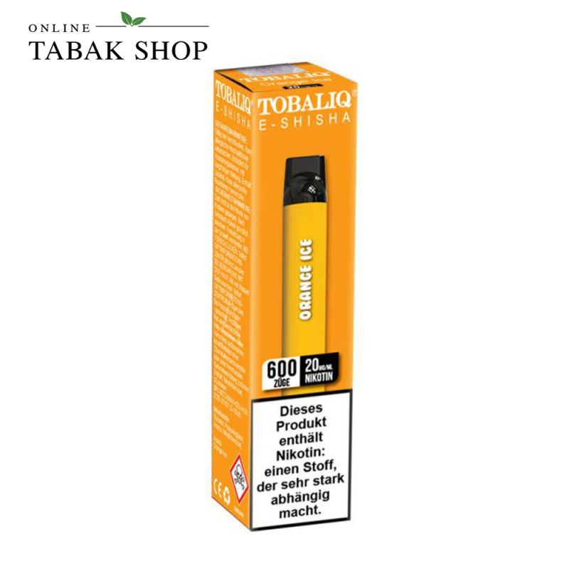 TOBALIQ Einweg E-Zigarette bis zu 600 Züge 20mg/ml Nikotin Orange Ice Verpackung