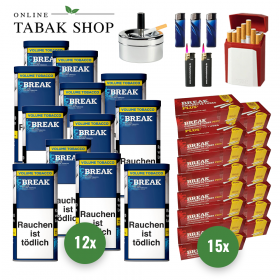 12x BREAK Blau Volumentabak Dose 85g + 3000 BREAK Plus Hülsen +2 Sturmfeuerzeuge + 3 Feuerzeuge + 1 GIZEH Etui + 1 Drehascher