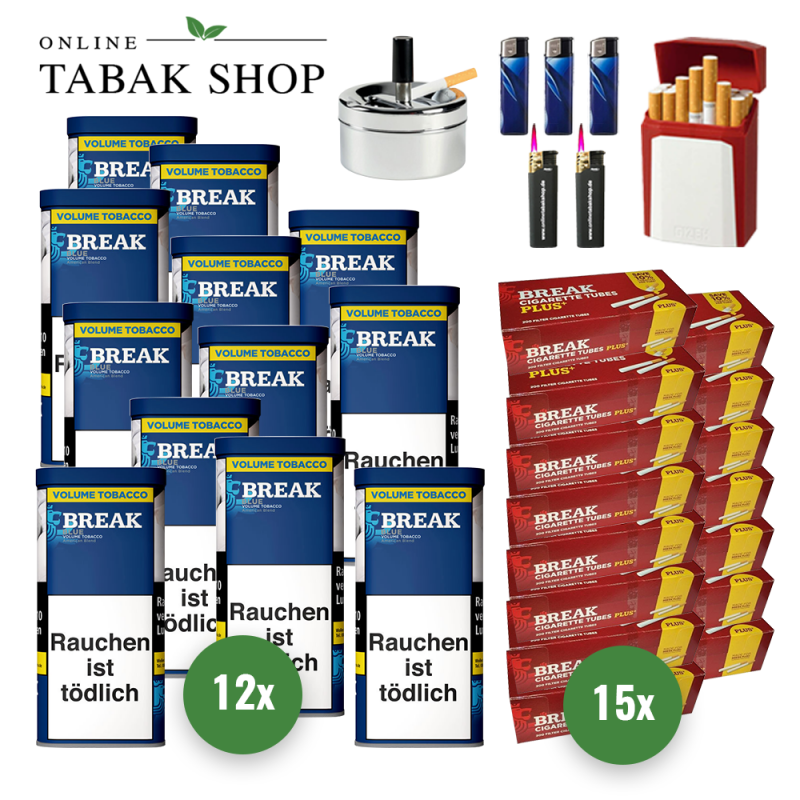 Break Blau/Blue Vol. Tabak (12x 100g) + 3.000 Break PLUS Hülsen +2 Sturmfeuerzeuge +3 Feuerzeuge +1 GIZEH Etui +1 Drehascher 9cm