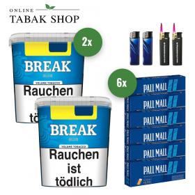 Break Blue Volumentabak (2 x 215g) + 1.200 Pall Mall Blue Xtra Hülsen + 2 Feuerzeuge + 2 Sturmfeuerzeuge - 83,40 €