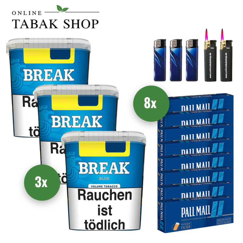 Break Blue Volumentabak (3 x 215g) + 1.600 Pall Mall Blue Hülsen + 3 Feuerzeuge + 2 Sturmfeuerzeuge