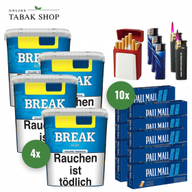 Break Blue Volumentabak (4 x 215g) + 2.000 Pall Mall Blue Xtra Hülsen + 3 Feuerzeuge + 2 Sturmfeuerzeuge + 1 GIZEH Etui - 157,99 €