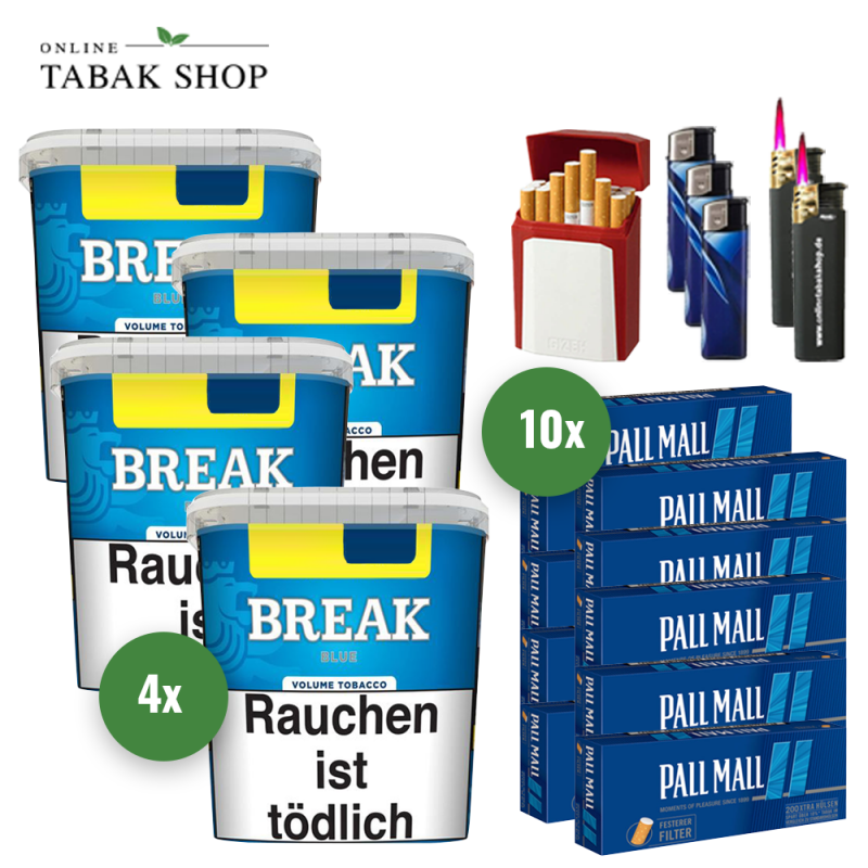 Break Blue Volumentabak (4 x 215g) + 2.000 Pall Mall Blue Xtra Hülsen + 3 Feuerzeuge + 2 Sturmfeuerzeuge + 1 GIZEH Etui