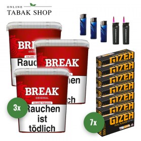 Break Original Volumentabak (3x 215g), 1400 Gizeh Extra Hülsen, 3x Feuerzeuge, 2x Sturmfeuerzeuge - 113,99 €