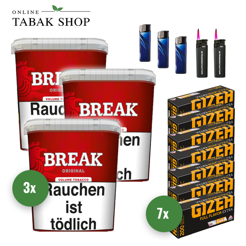 3x BREAK Tabak Rot 185g Eimer + 1400 GIZEH Full Flavor Extra Hülsen + 3 Feuerzeuge + 2 Sturmfeuerzeuge