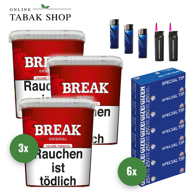 Break Original Volumentabak (3x 215g), 1500 Gizeh Special Hülsen, 3x Feuerzeuge, 2x Sturmfeuerzeuge