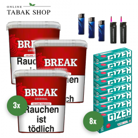 Break Original Volumentabak (3x 215g) + 1.600 GIZEH Menthol EXTRA Hülsen + 3 Feuerzeuge + 2 Sturmfeuerzeuge - 119,99 €