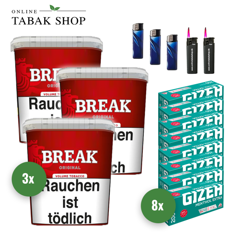 3x BREAK Tabak Rot 185g Eimer + 1600 GIZEH Menthol Extra Hülsen + 3 Feuerzeuge + 2 Sturmfeuerzeuge